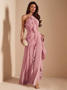 SHEIN BAE 女士粉色露背褶皱高开衩连衣裙，优雅婚礼宾客礼服，情人节礼服 - 粉色 - 查看 6