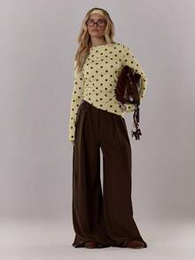 MUSERA Polka Dot Contrast Colour Crewneck Long Sleeve Top Cute Going Out Daily Office School Spring Summer Spring Outfit Easter Casual - Yellow - View 3