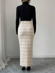 SHEIN Elenzya Chân váy maxi dáng suông cạp cao, xẻ tà, cài khuy ngọc trai, chất liệu len pha, thích hợp cho các dịp thường ngày, tiệc tùng, mùa thu/đông. - Màu be - Xem 2