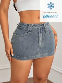 SHEIN ICON 纯色斜插口袋修身水洗牛仔铅笔裙 - 中等水洗藍 - 查看 8