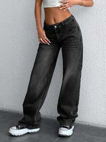 Low Waist Slant Pocket Casual Straight Cut Jeans - Dark Grey - View 6