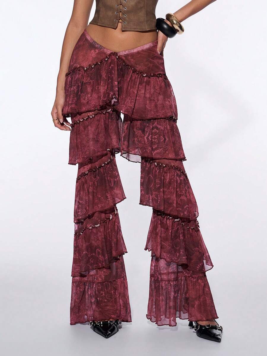 SHEIN ICON Quần dài nữ dáng dài xẻ tà cổ điển - Màu Đỏ Sâu - Xem 1