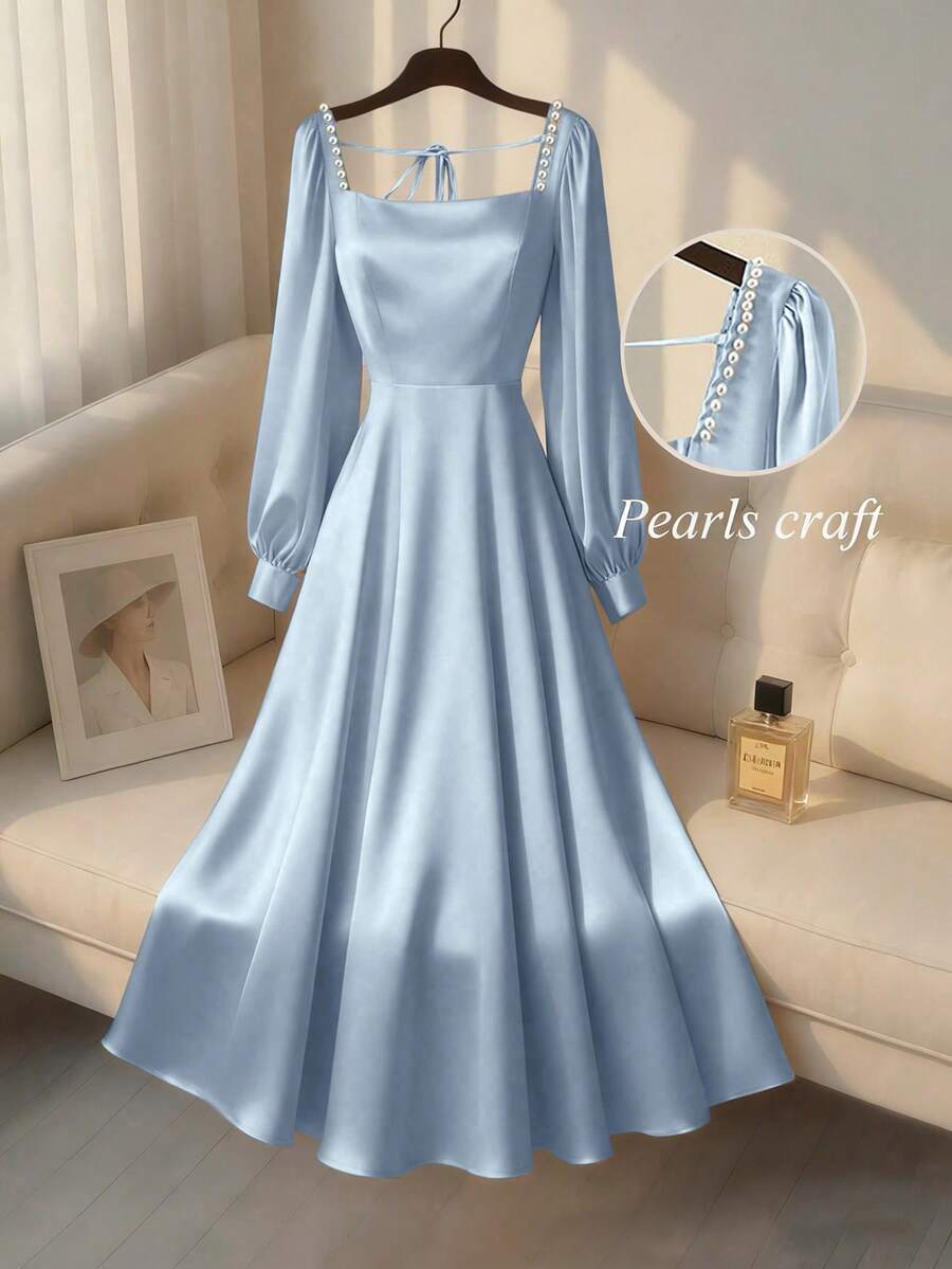 SHEIN Franclia 女士香槟色缎面方领连衣裙，珍珠吊带长袖礼服，奢华优雅派对礼服 - 藍色 - 查看 1