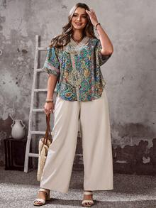 EMERY ROSE Plus Size Co-Ords For Women,Boho Yellow Summer Outfits With Blouse And Wide Leg Pants,Casual Holiday Vacation Beach Outfit Set - Multicolor - View 5