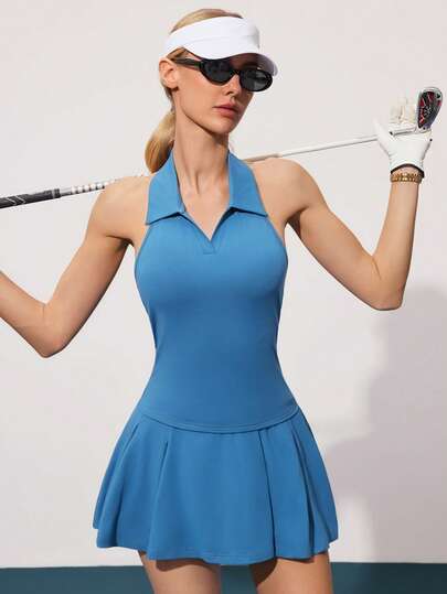 CourtClass Women's Solid Color Halter Neck Golf Polo Shirt