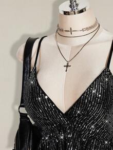 SHEIN ICON Plus Size Fashionable Party Sequin Ruffle Hem Camisole, Summer Tops - Silver - View 5