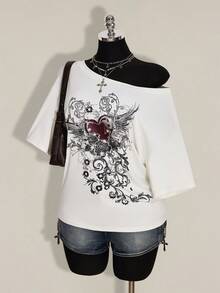 SHEIN ICON Áo thun nữ cỡ lớn họa tiết punk, vai lệch, dáng rộng - trắng - Xem 4