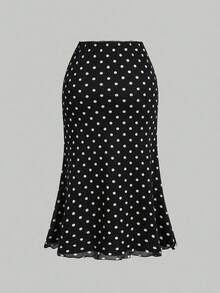 SHEIN MOD 加大码黑色波点蝴蝶结两件套：不对称下摆上衣和鱼尾裙，复古两件套 - 黑與白 - 查看 13