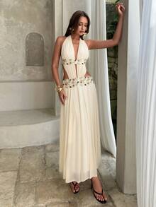 Aloruh 优雅露背网纱针织连衣裙，性感迷人，适合度假穿着 - 淡黃色 - 查看 5