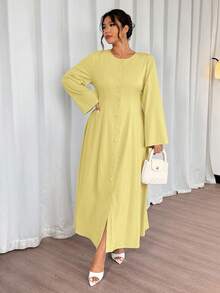 Firerie 春秋新款优雅通勤休闲旅行度假喇叭袖纽扣前襟喇叭下摆复古腰A字浪漫日常通勤波西米亚风办公连衣裙 - 黃色 - 查看 5