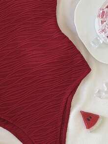 SHEIN Tween Girls' Casual Wavy Hem Jumpsuit, Comfortable & Minimalist Red Bathing Suit Ruffle Ruffle One Piece Red Swimsuit - Red - View 3