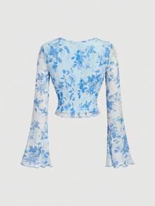 SHEIN MOD 两件套女士优雅印花喇叭袖上衣和鱼尾裙套装 - 藍色 - 查看 6