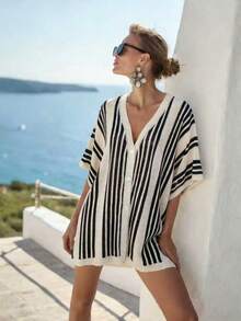 Breezaya 女士轻薄夏季度假条纹前开襟针织开衫 - 彩色 - 查看 8