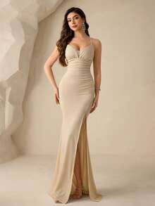 Coutiva Vestido de noche formal de mujer con espalda abierta, ajustado, con tirantes de espagueti y abertura lateral fruncida - Albaricoque - Ver 1