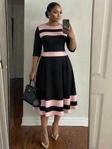 SHEIN Lady 大码优雅通勤撞色条纹连衣裙 - 彩色 - 查看 1