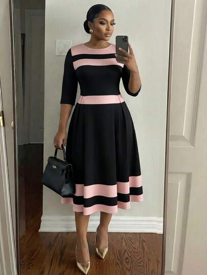 SHEIN Lady Plus Size Elegant Commuter Color Block Striped Midi Dress For Women,Black Pink Knee Length Modest Autumn Wedding Ninang Festival Easter Outfits Fall