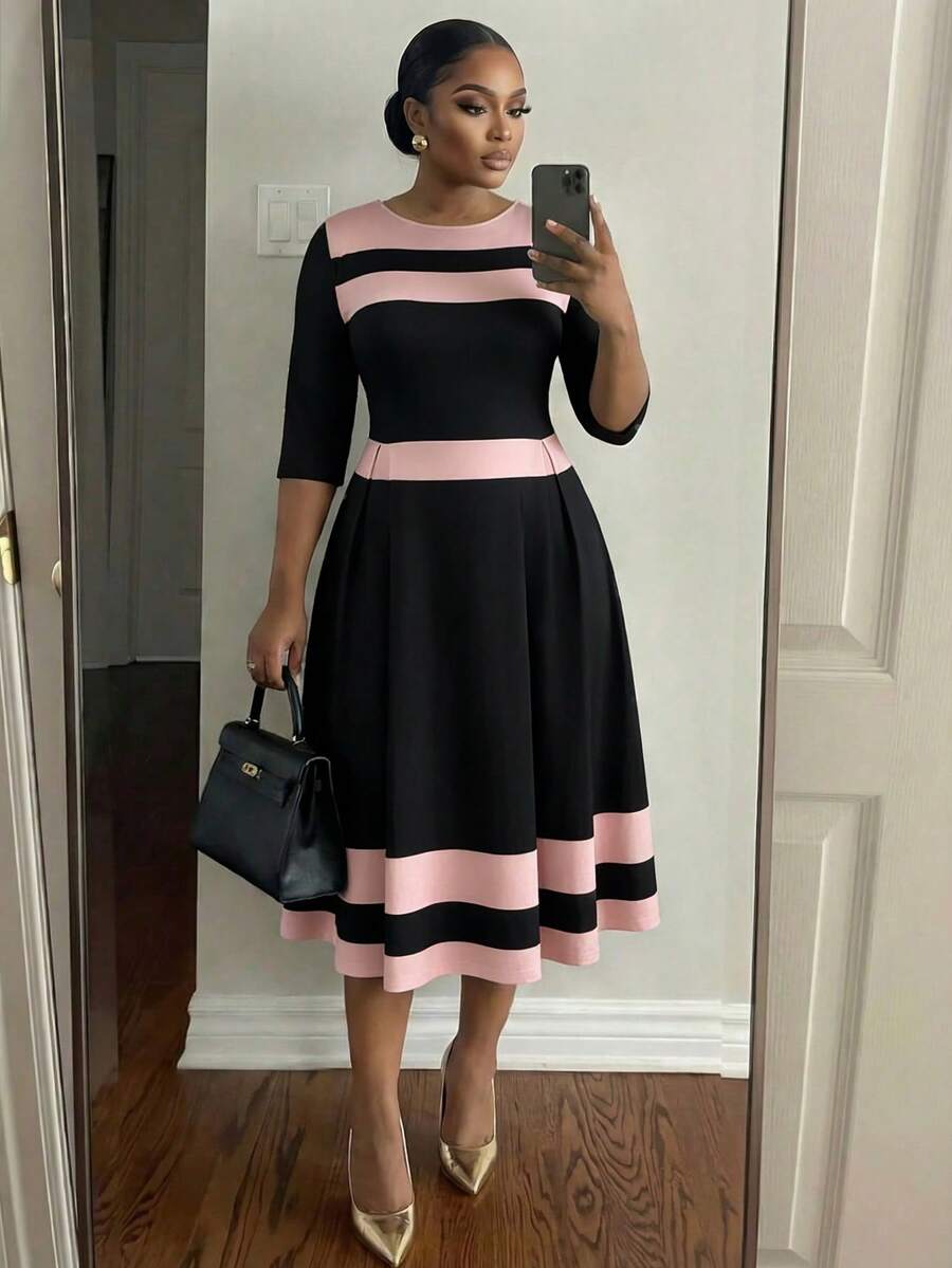 SHEIN Lady 大码优雅通勤撞色条纹连衣裙 - 彩色 - 查看 1