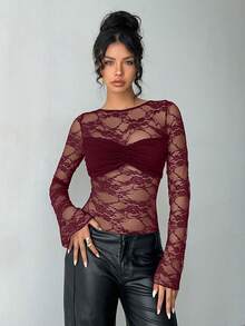 Aloruh Women's Solid Black Lace Sexy Backless Bodysuit, Autumn/Winter New Arrival - Burgundy - View 3