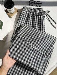 Comfortcana Plus Size Women Waist Tie Plaid Wide Leg Loose Casual Pants - Black and White - View 7