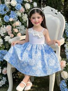 SHEIN 女童白色3D立体花朵与天蓝色印花连衣裙，优雅、时尚、可爱、舒适、简约，适合派对、郊游、度假、休闲娱乐等场合。 - 彩色 - 查看 12