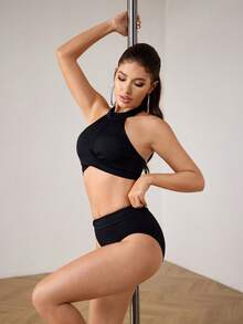 Menodora SHEIN Sport 女士纯色露脐吊带文胸内裤套装，其他舞蹈服 - 黑色 - 查看 3