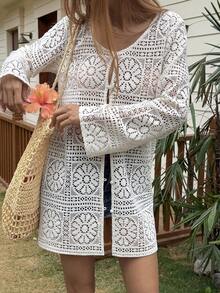 Livesso 白色薄纱蕾丝长款开衫，设计感十足，适合休闲度假、海滩、音乐节、婚礼等场合，女士长袖衬衫，春夏款 - 白色 - 查看 5