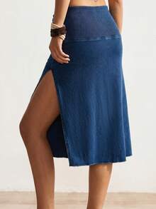 Bohemela Knit Denim Skirt For Women,High Waist Slit Skirt,Bodycon Skirt,Side Slit Design,Spring To Summer,Vacation Skirt,Beach Skirt - Blue - View 2