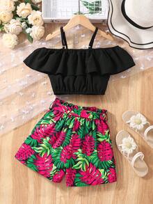 Sparklyn 2pcs Tween Girls Orange Off-Shoulder Crop Top & Tropical Leaf Print Shorts Set, Spring/Summer Holiday - Black - View 2