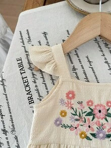 LMoss Kids Cute Baby Girl's Ruffled Sleeve Romper With Adorable Floral Embroidery, Perfect For Summer Vacation, Casual And Stylish. - Khaki - View 5