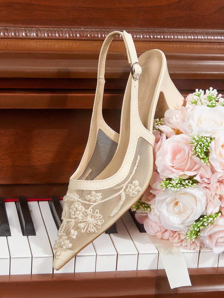 CUCCOO HITCHD Women Shoes Spring Summer Mesh Pearl Decorative Pointed Coarse Heel Fashion Women's Shoes Solid Color Women's High Heel Shoes Daily Commuter Dating Party