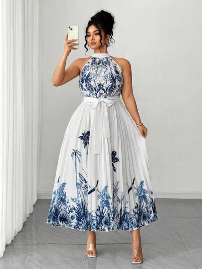 Elenzga Elegant Summer Vacation Dress For Plus-Size Ladies Halter Neck Dress Long Dresses Pleated Dress Blue And White Dress Women Elegant Dress Dresses For Women Summer Elegant Pleated Dress Women Sundresses For Women Plus Floral Dress Women