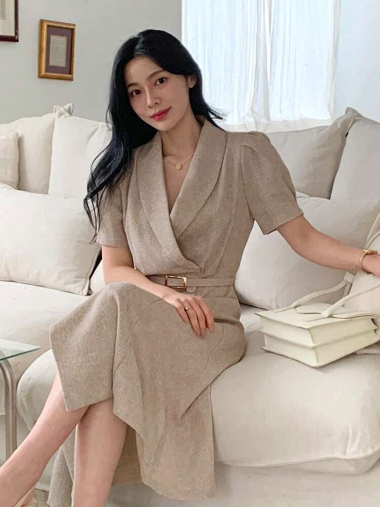 DAZY 女士V领优雅中长连衣裙夏季吊带裙 - 卡其色 - 查看 6