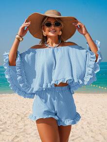 Swim Vcay 女士夏季度假沙滩新款法式休闲条纹无肩带吊带背心荷叶边露背性感泳衣罩衫 - 藍白色 - 查看 3