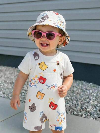 Newborn Baby Boy/Girl Cute Bear Pattern Romper, Versatile For Spring/Summer Indoor, Outdoor, Daily, Sports, Play, Party, Photo Shoot, Holiday