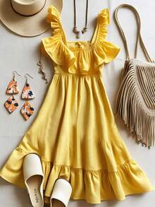 Franclia Đầm nghỉ mát thời trang màu trơn có bèo nhún dành cho nữ - Màu vàng - Xem 2