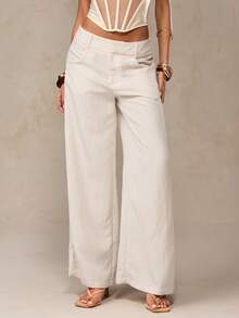 SHEIN BAE 亚麻混纺休闲阔腿裤，适合度假、海滩、法国南部、意大利、伊比沙岛等地的休闲活动，也适合通勤、休闲、早午餐等场合。这款亚麻长裤是夏季女士休闲装的理想之选，可搭配沙滩装、外出上衣、休闲衬衫、彩色条纹长裤、夏季阔腿裤、休闲裤、白色长裤等，适合女士休闲穿着，也适合商务休闲场合。 - 杏色 - 查看 1