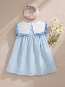 Souflis Souflis 女婴夏季新款可爱彼得潘领蝴蝶结刺绣花边口袋前开襟公主裙，甜美休闲时尚 - 藍色 - 查看 4