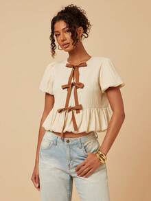 Travachic Cute Women's Multicolor Woven Fabric Regular Length Flared Ruffle Hem Round Neck Short Puff Sleeve Top - Multicolor - View 5