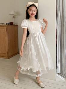 DAZY Vestido de verano elegante para niñas preadolescentes con decoración de mariposas 3D y parches de malla - Blanco - Ver 7