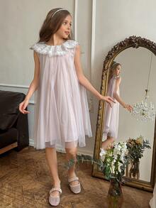 DAZY Tween Girl Elegant Mesh Patchwork Summer Dress - Pink - View 3