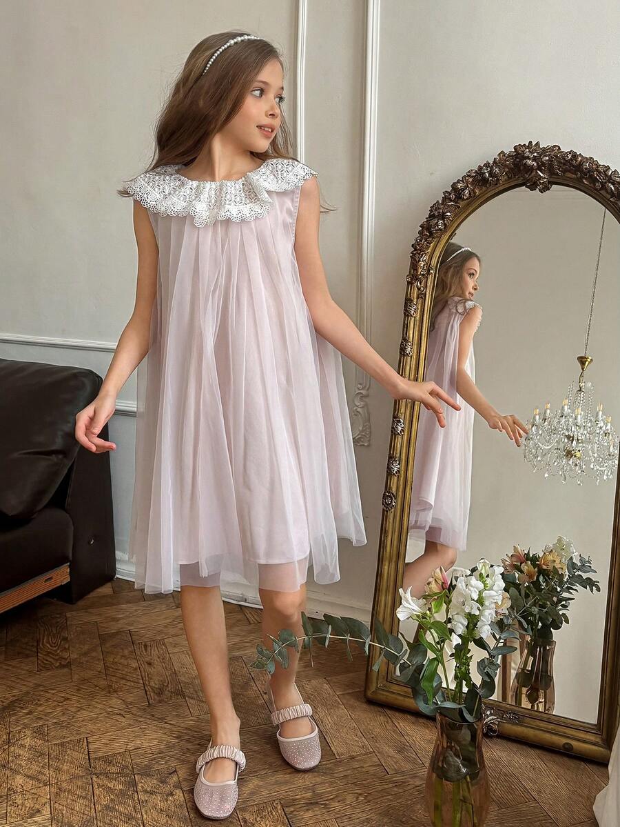 DAZY Tween Girl Elegant Mesh Patchwork Summer Dress - Pink - View 1