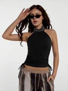 SHEIN ICON Summer Women's Hippie Black Goth Going Out Coachella Concert Club Rivet Design Side Drawstring Fitted Halter Neck Tank Top - Black - View 8