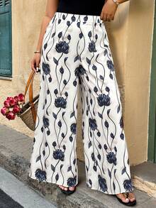 SHEIN LUNE 卡其色印花直筒长裤，适合日常办公、休闲度假、外出逛街和参加派对。春夏大码长裤。 - 彩色 - 查看 3