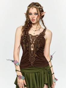 ROMWE Fairycore Áo hai dây ren đính đá kiểu cổ tích khoét sâu cổ chữ V - màu nâu - Xem 5