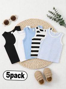 SHEIN 5pcs Baby Boys Toddler Blue White Stripe Solid Print Sleeveless Tank Tops - Multicolor - View 8