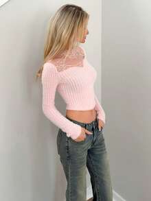 Sydney Algeri Herbst/Winter Flauschige Bluse mit Stehkragen, Spitze und Mesh-Einsätzen, Slim Fit, Rosa, geeignet für Party, Schulanfang, Neujahr, Weihnachten, Langarm Damen T-Shirt - Pink - Übersicht 6