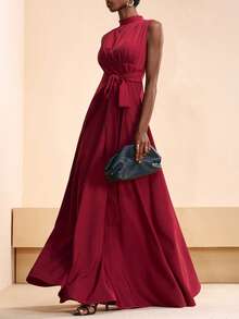 Zivah 2026 Spring & Summer New Arrival, Suitable For Valentine's Day, Wedding Season, Music Festival, Easter, Western Style, Nomadic Style, Bohemian, Nashville, Party, Wedding, Gala, Date, Gathering, Birthday, College Style, Student Wear, Daily Casual, Basic Versatile, Casual, Vacation, Cruise Travel, Beach, Sunbathing, Trending, Elegant, Commute, Business Casual, Small Stand Collar, Front Pleated, Waist Tie, Flowy, Fitted Long Dress, Wine Red Dress, Spring & Summer Dress, Party Dress, Elegant Dress, Women Dress - Burgundy - View 6