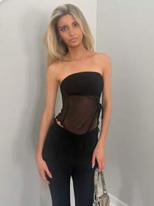 Sydney Algeri Lettuce Trim Drawstring Side Asymmetrical Hem Mesh Tube Asymmetrical Top - Black - View 5