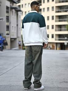 Devon Thys Men's Pullover Quarter Zip Sweatshirt With Letter Print Patchwork, Fashion Long Sleeve Loose Fit Lightweight Sweatshirt, Spring/Autumn - Army Green - View 7