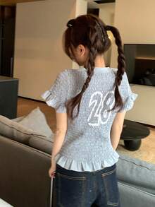 DAZY Women's Retro American Jersey Style Round Neck Ruched Slim Fit Graphic Print Short Sleeve T-Shirt - Grey - View 6